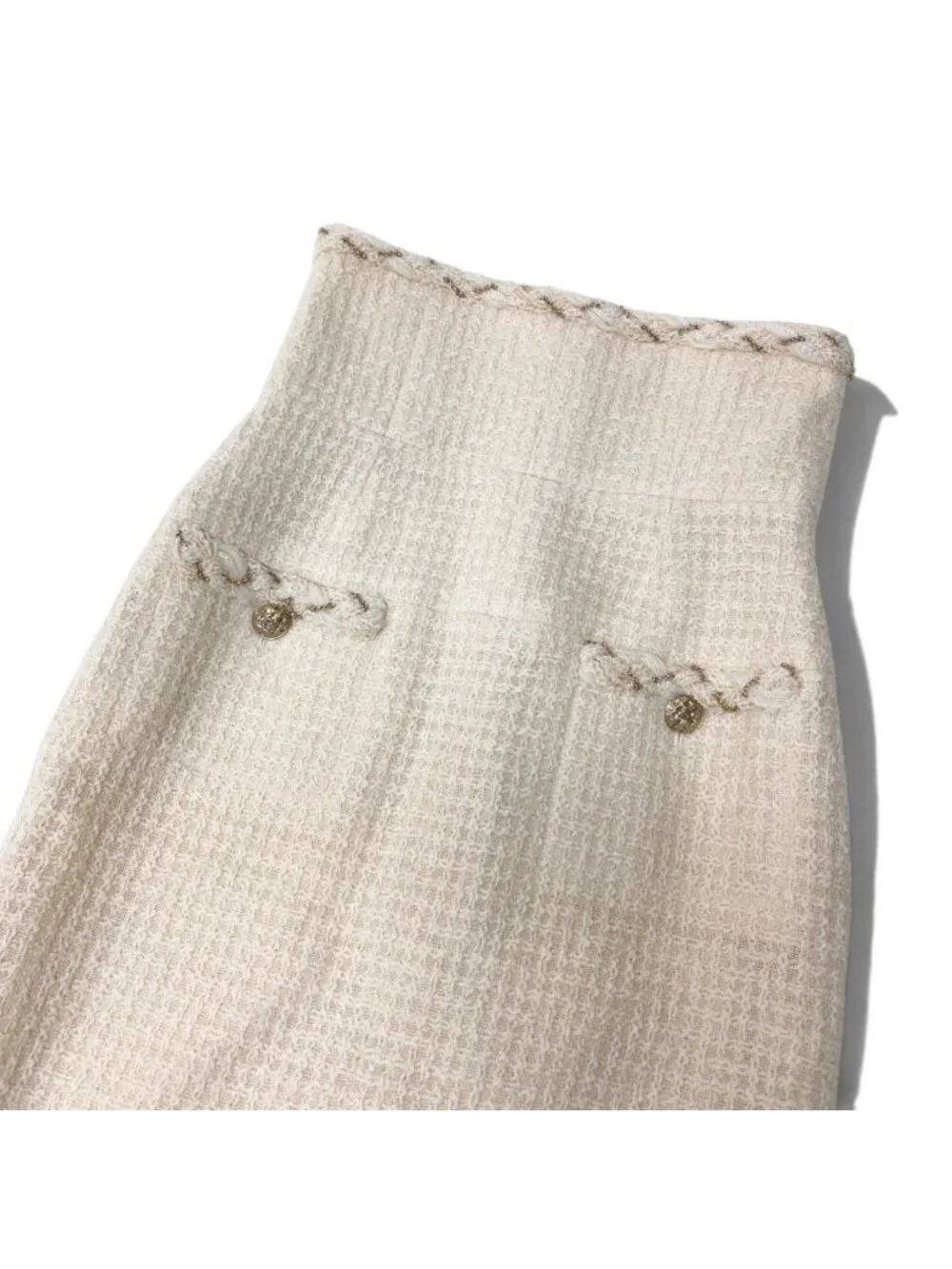 Chanel 07A CC Button High Waisted Tweed Skirt CC Ivory